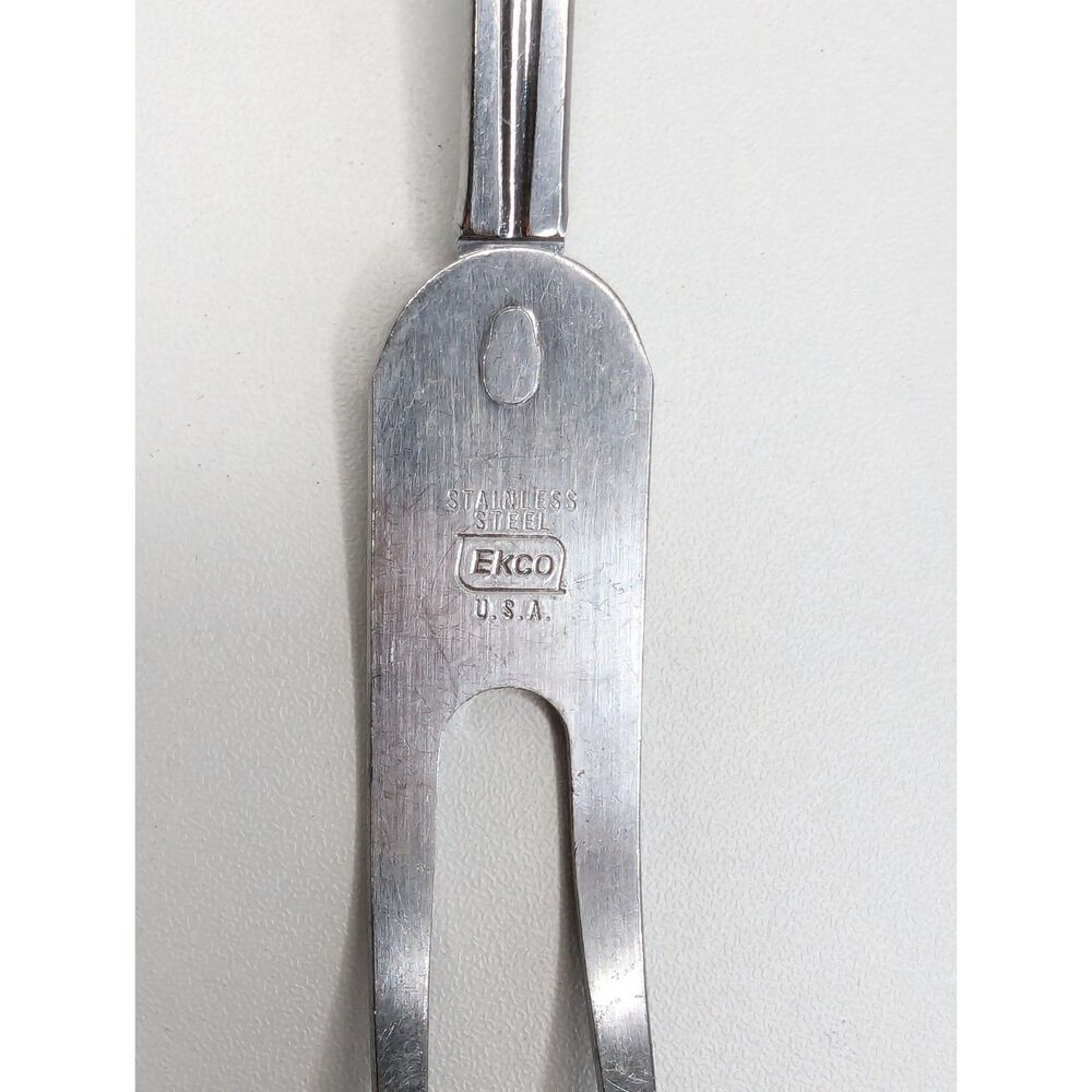 Vintage EKCO Stainless Steel 12" 2 Prong Meat Carving Fork Wood Grain Handle - Picture 4 of 5